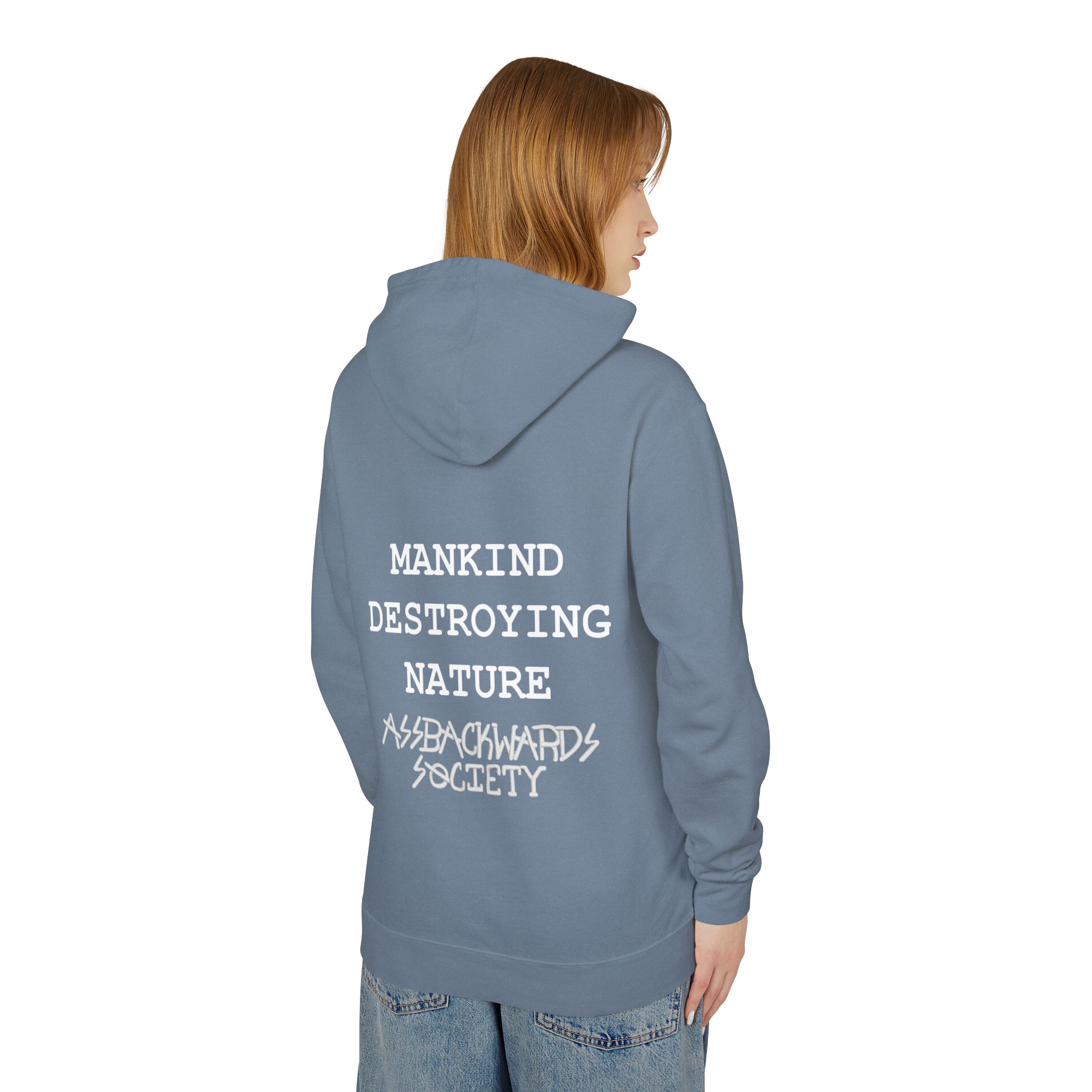 Eco-Conscious Unisex Lightweight Hooded Sweatshirt - Mankind Destroying Nature Design